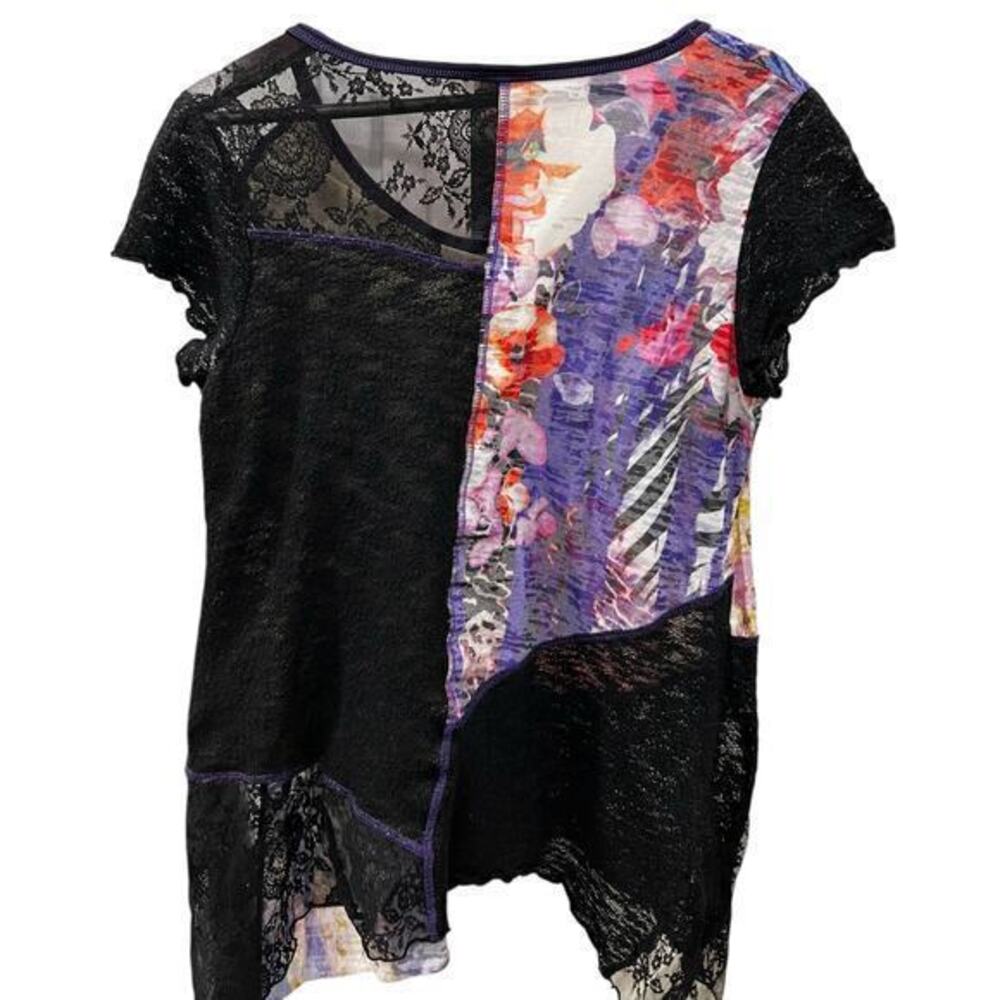 180 VTG lace patchwork little short sleeve whimsy goth asymmetrical blouse sz XL